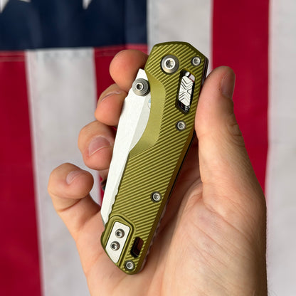 Microtech MSI Mini RAM-Lok 3.15" – OD Green Fluted Aluminum, M390MK Stonewash – Made in USA (210M-10FLOD)