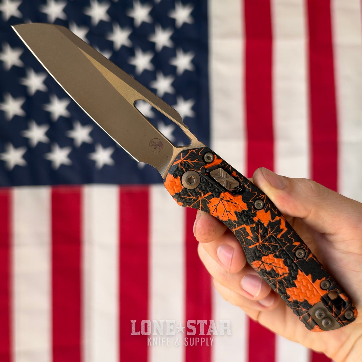 Microtech MSI S/E Ram Lok, 3.9" M390MK Bronzed Apocalyptic, Orange Leaves Tri-Grip Polymer, Made in USA (210T-13APPMOL)