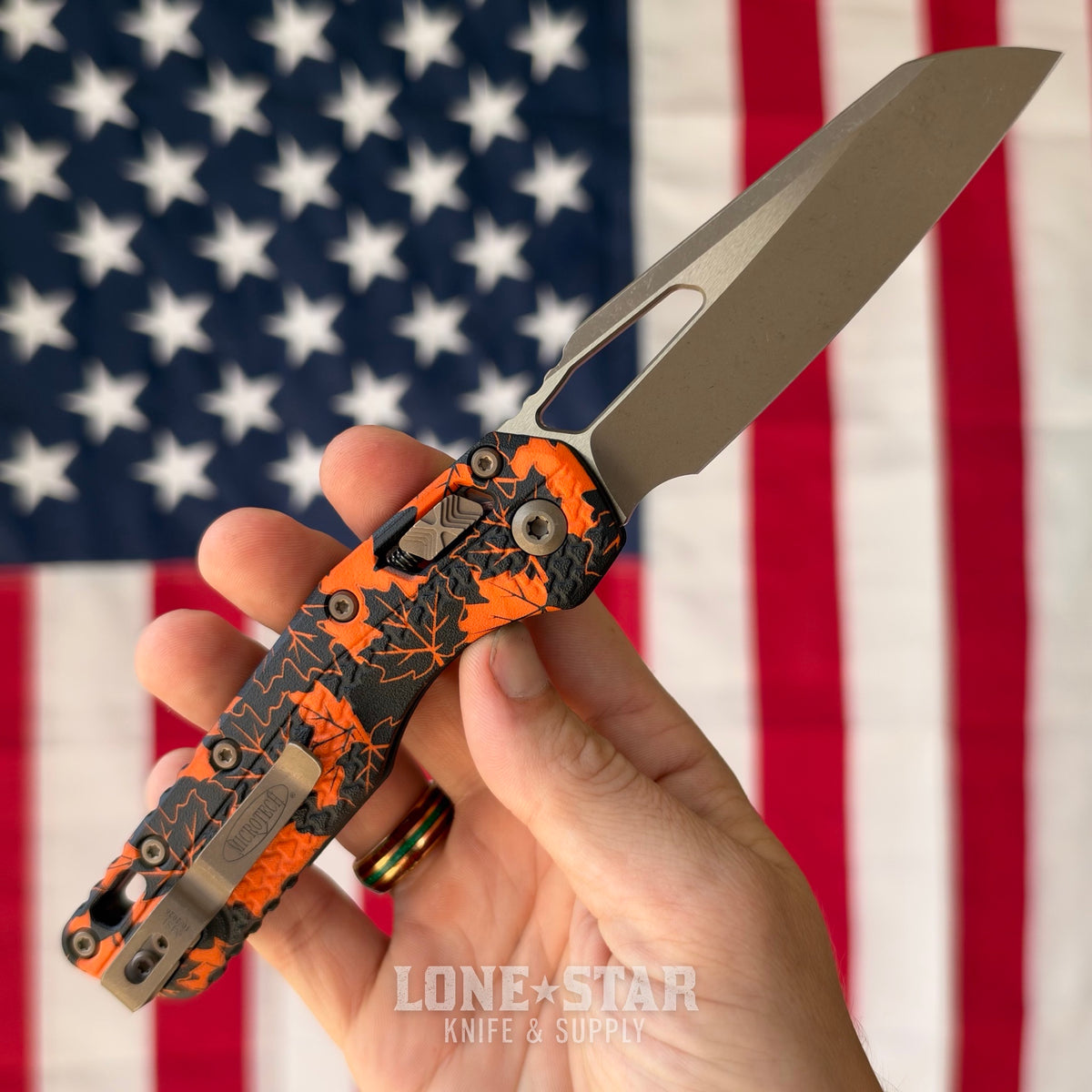 Microtech MSI S/E Ram Lok, 3.9" M390MK Bronzed Apocalyptic, Orange Leaves Tri-Grip Polymer, Made in USA (210T-13APPMOL)