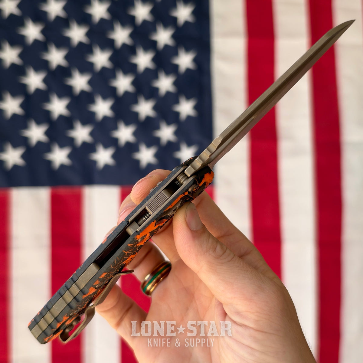 Microtech MSI S/E Ram Lok, 3.9" M390MK Bronzed Apocalyptic, Orange Leaves Tri-Grip Polymer, Made in USA (210T-13APPMOL)