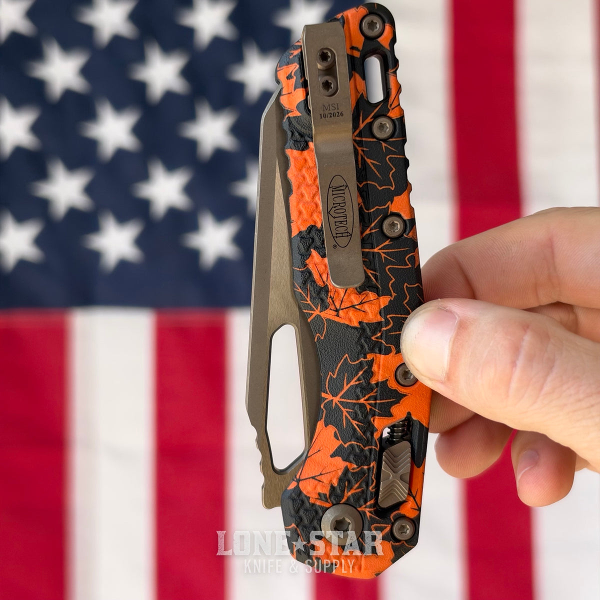 Microtech MSI S/E Ram Lok, 3.9" M390MK Bronzed Apocalyptic, Orange Leaves Tri-Grip Polymer, Made in USA (210T-13APPMOL)