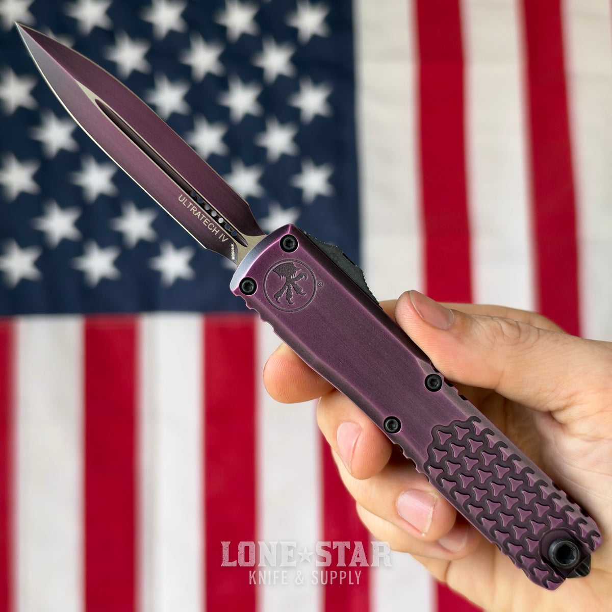 Microtech Ultratech Gen IV D/E OTF, 3.55" M390MK Dagger, Purple Abrasion Half Tri-Grip Handle, Made in USA (11224HT-1PUAA)