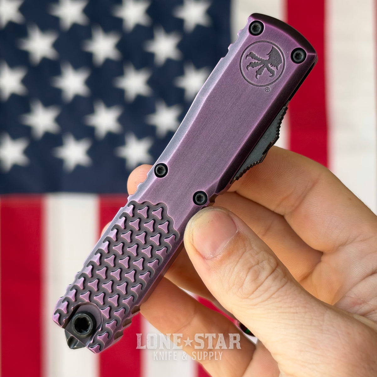 Microtech Ultratech Gen IV D/E OTF, 3.55" M390MK Dagger, Purple Abrasion Half Tri-Grip Handle, Made in USA (11224HT-1PUAA)