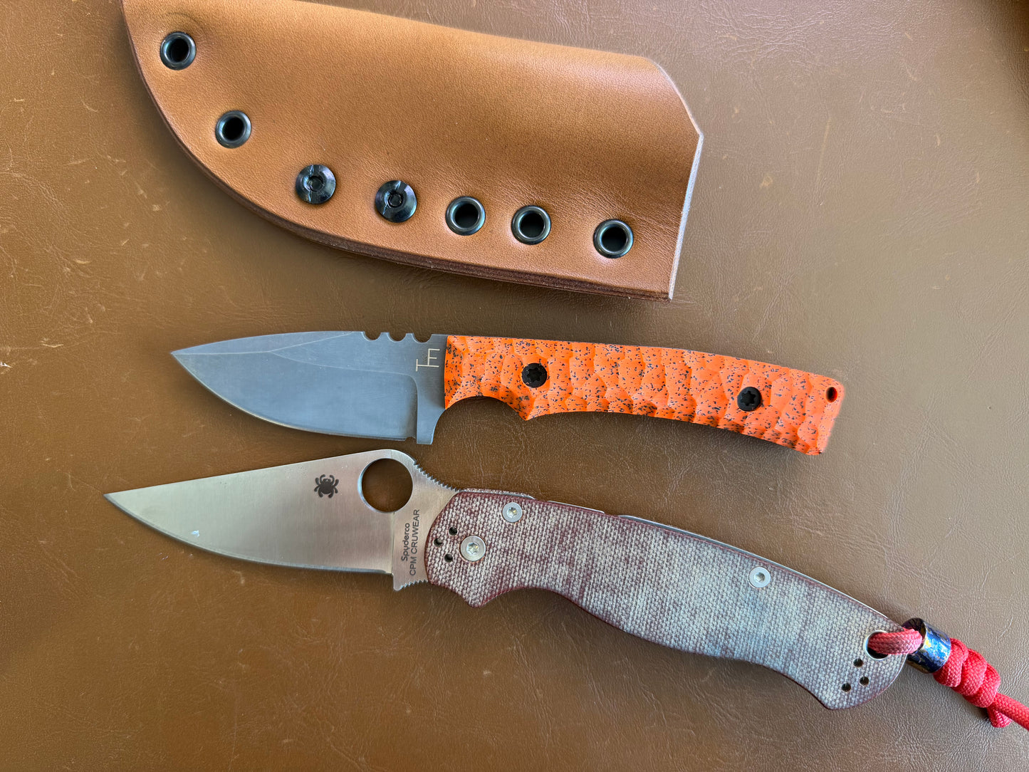 Townsend Knife Co. MC 2.5" Fixed Blade – CPM MagnaCut Acid Washed, Orange GripX, Handmade Leather Sheath – Made in USA