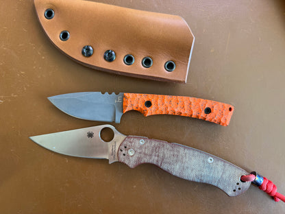 Townsend Knife Co. MC 2.5" Fixed Blade – CPM MagnaCut Acid Washed, Orange GripX, Handmade Leather Sheath – Made in USA
