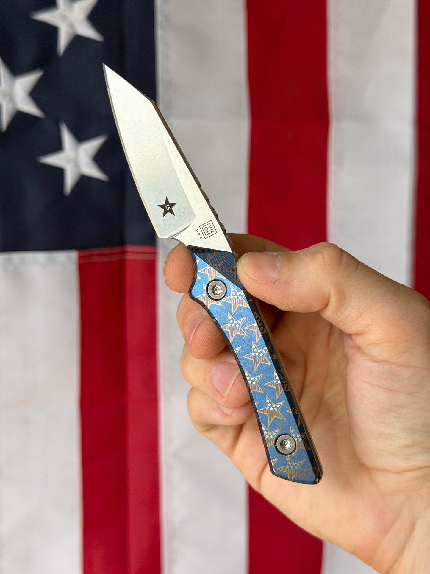 Lynch Blades Star Spangled Swift Six 2.5" Fixed Blade –  Titanium, MagnaCut Stonewash, 250th Anniversary, Leather Sheath – Made in USA