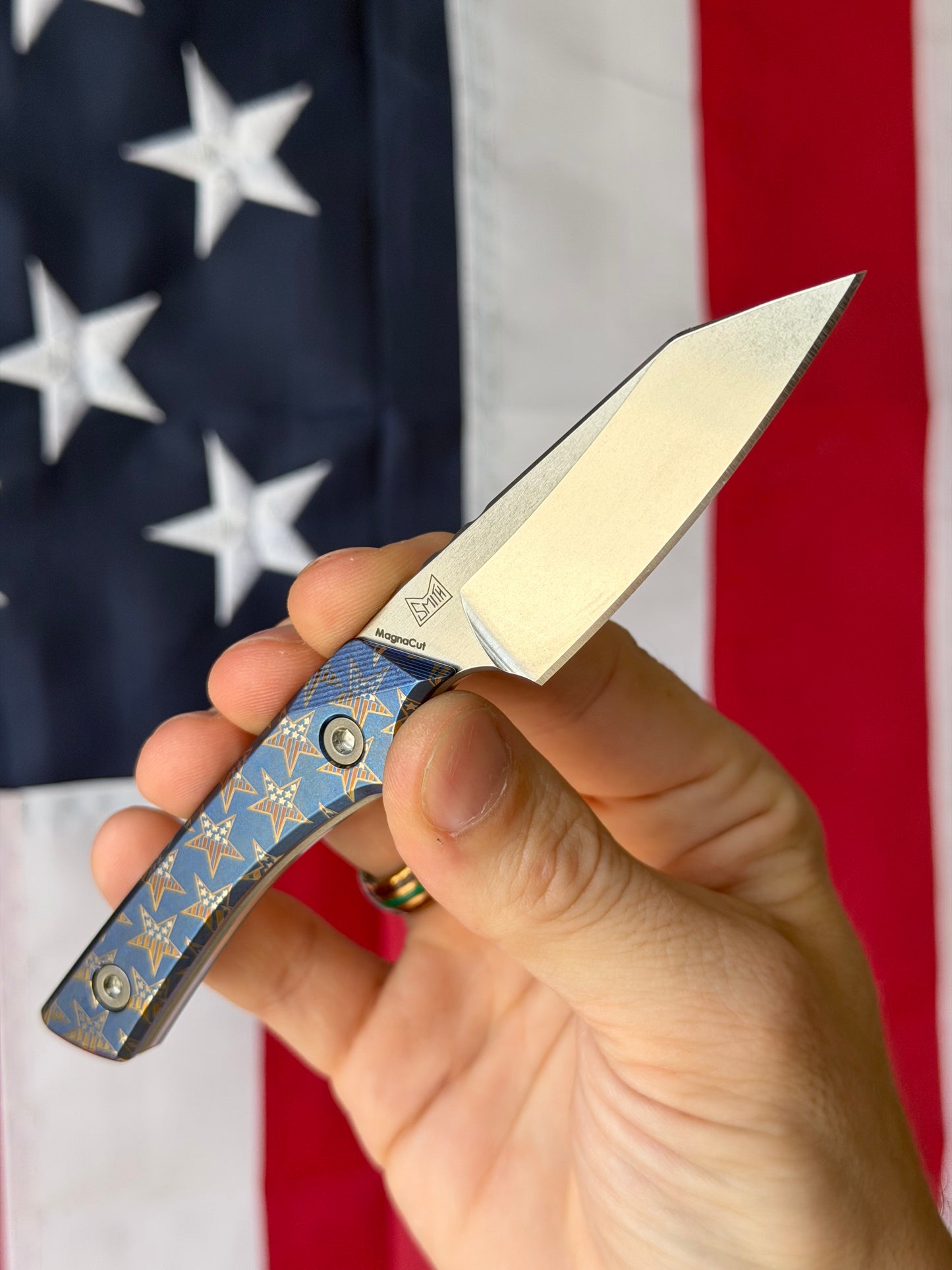 Lynch Blades Star Spangled Swift Six 2.5" Fixed Blade –  Titanium, MagnaCut Stonewash, 250th Anniversary, Leather Sheath – Made in USA