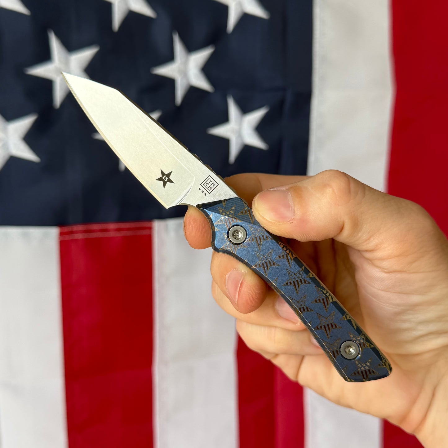 Lynch Blades Star Spangled Swift Six 2.5" Fixed Blade –  Titanium, MagnaCut Stonewash, 250th Anniversary, Leather Sheath – Made in USA