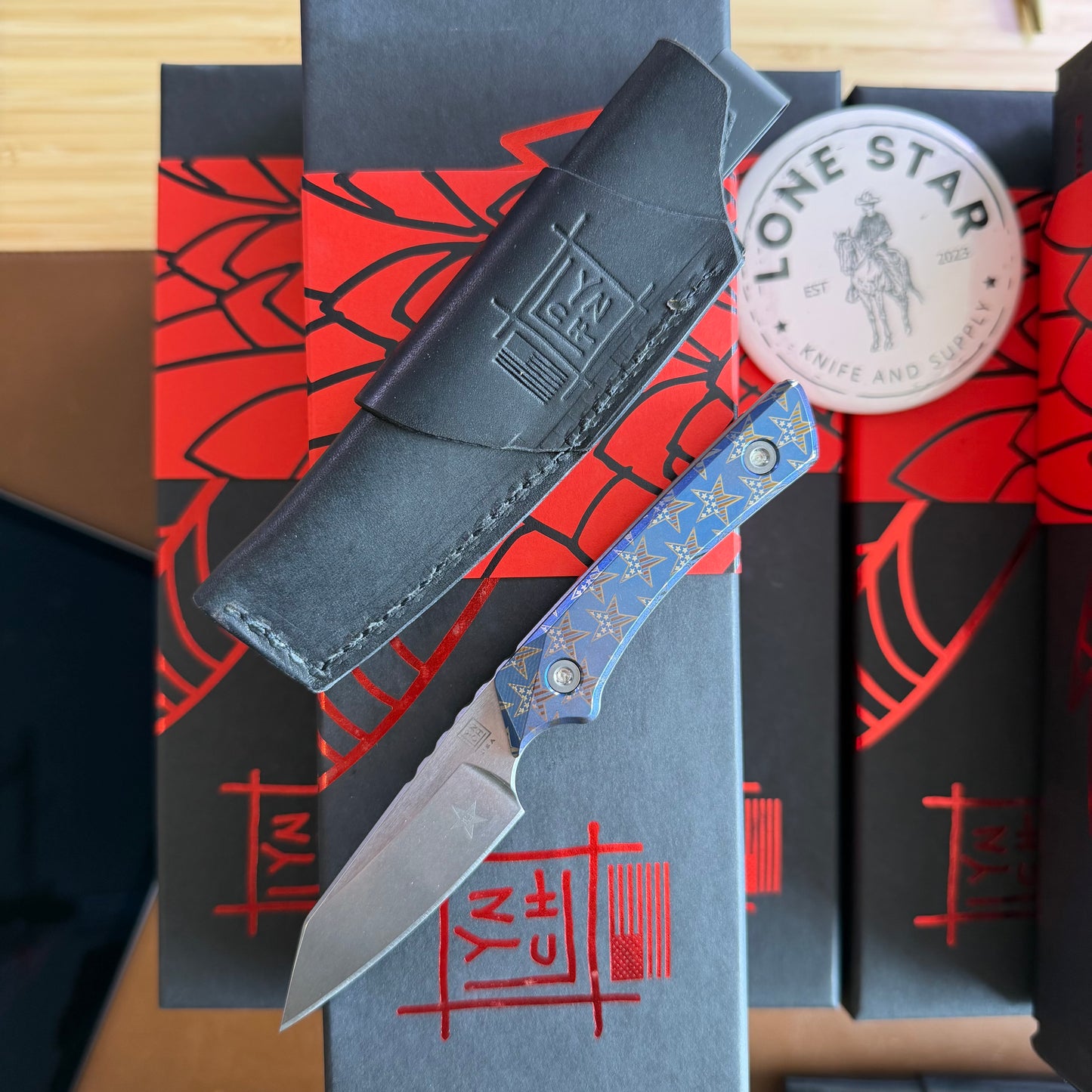 Lynch Blades Star Spangled Swift Six 2.5" Fixed Blade –  Titanium, MagnaCut Stonewash, 250th Anniversary, Leather Sheath – Made in USA