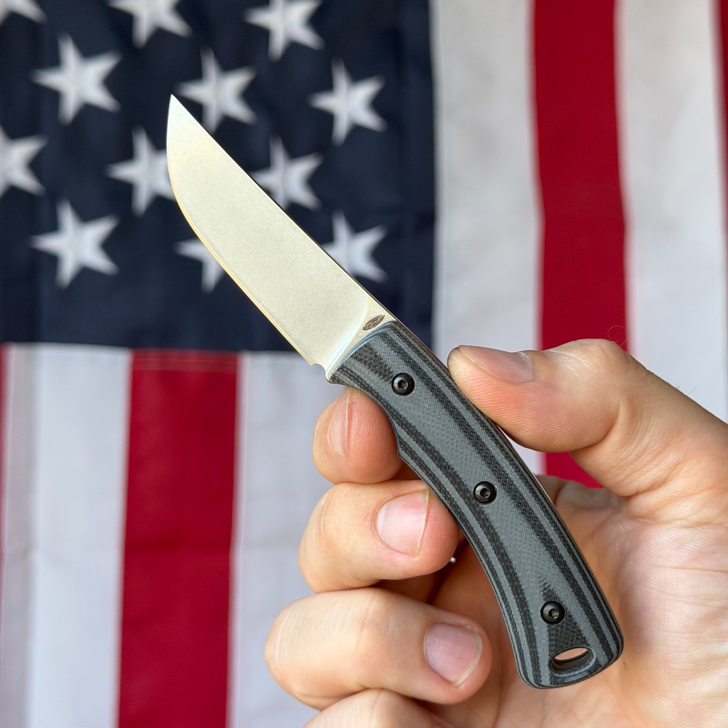TRM TAGALONG 2.44" Fixed Blade – Shadow Zebra Gray & Black G10, MagnaCut Tumbled, Leather Taco Sheath – Made in USA