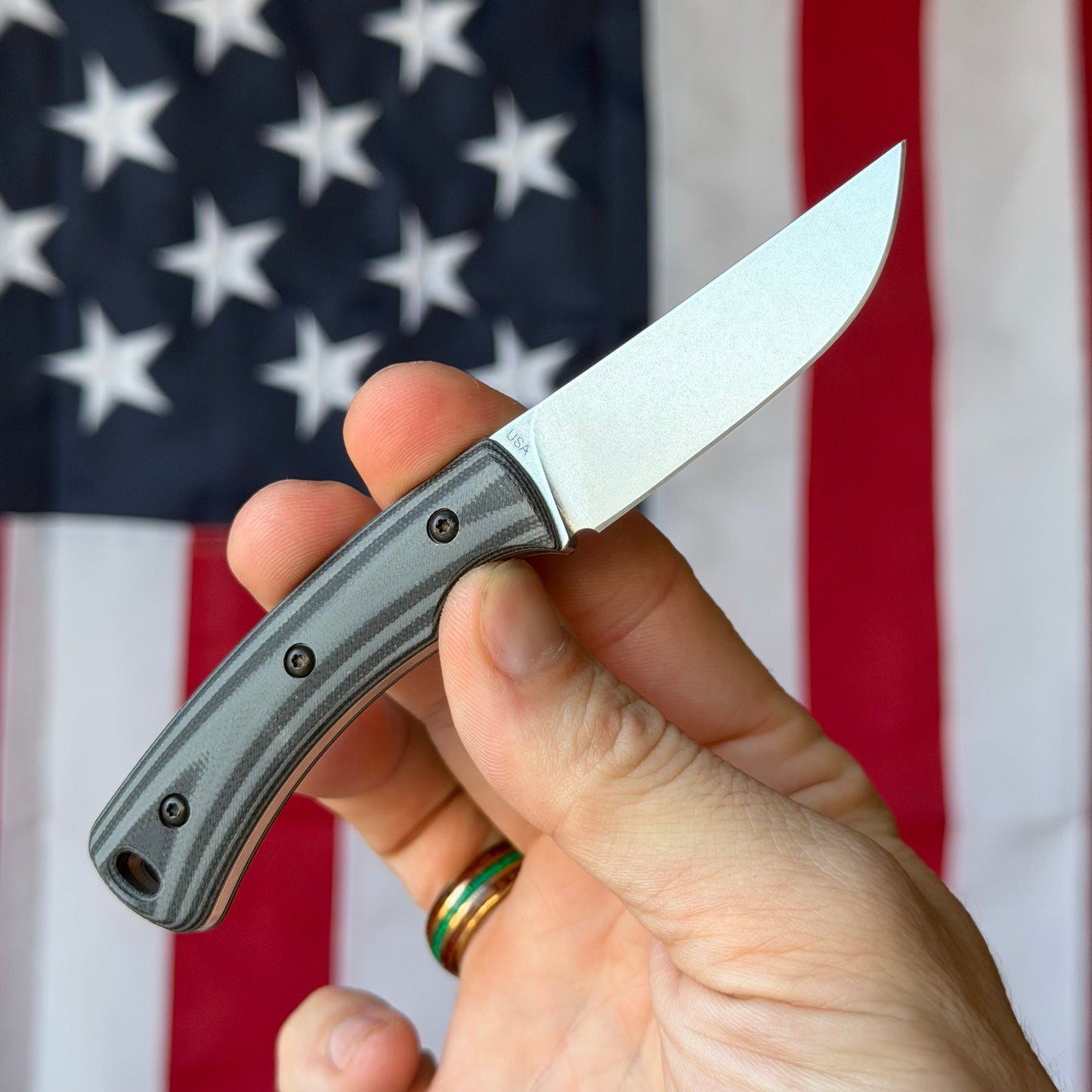TRM TAGALONG 2.44" Fixed Blade – Shadow Zebra Gray & Black G10, MagnaCut Tumbled, Leather Taco Sheath – Made in USA