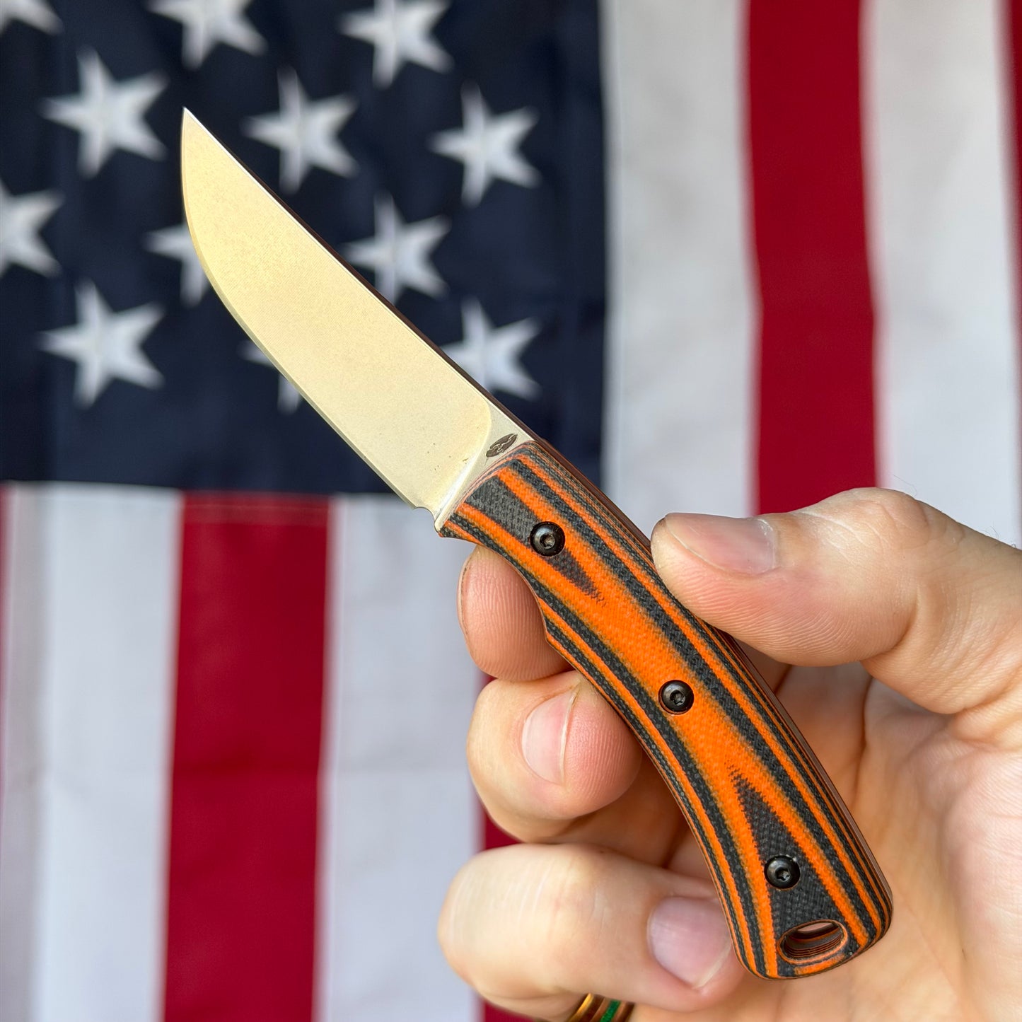 TRM TAGALONG 2.44" Fixed Blade – Firetail Orange & Black G10, MagnaCut Tumbled, Leather Taco Sheath – Made in USA