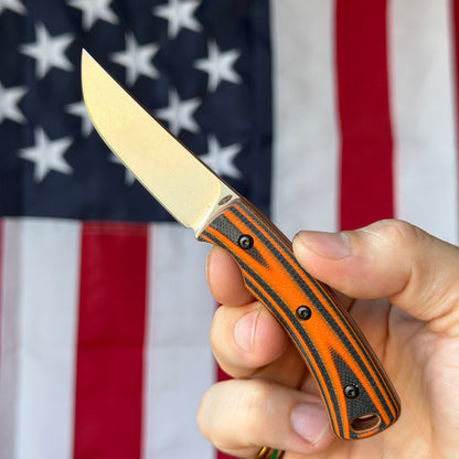 TRM TAGALONG 2.44" Fixed Blade – Firetail Orange & Black G10, MagnaCut Tumbled, Leather Taco Sheath – Made in USA