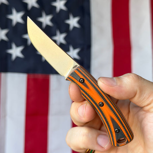 TRM TAGALONG 2.44" Fixed Blade – Firetail Orange & Black G10, MagnaCut Tumbled, Leather Taco Sheath – Made in USA