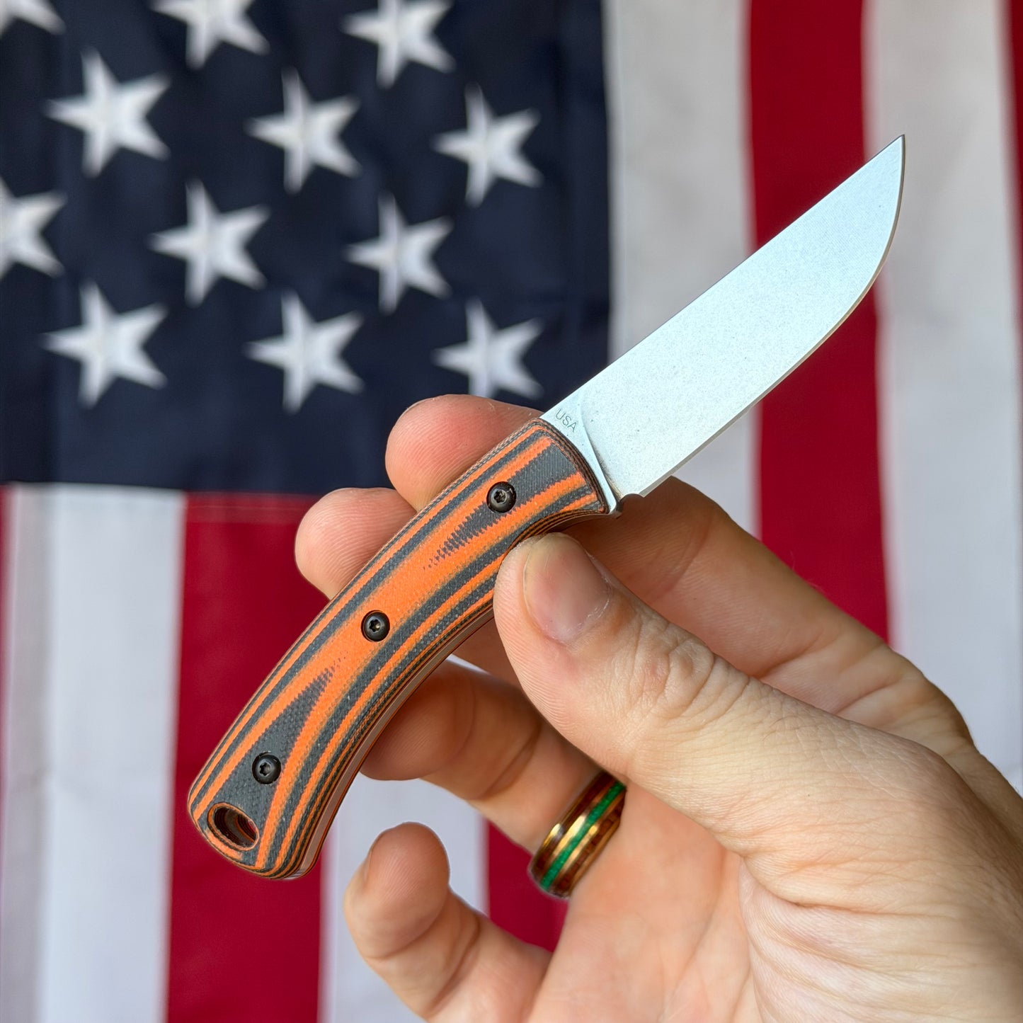 TRM TAGALONG 2.44" Fixed Blade – Firetail Orange & Black G10, MagnaCut Tumbled, Leather Taco Sheath – Made in USA