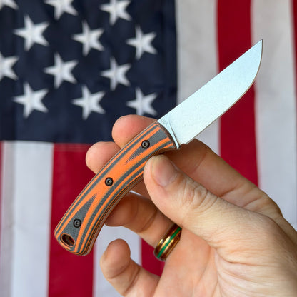TRM TAGALONG 2.44" Fixed Blade – Firetail Orange & Black G10, MagnaCut Tumbled, Leather Taco Sheath – Made in USA