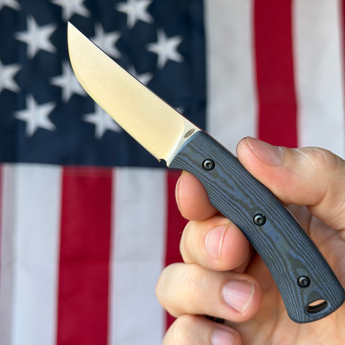 TRM TAGALONG 2.44" Fixed Blade – Black & Blue Richlite, MagnaCut Tumbled, Leather Taco Sheath – Made in USA