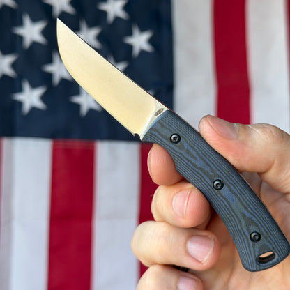 TRM TAGALONG 2.44" Fixed Blade – Black & Blue Richlite, MagnaCut Tumbled, Leather Taco Sheath – Made in USA