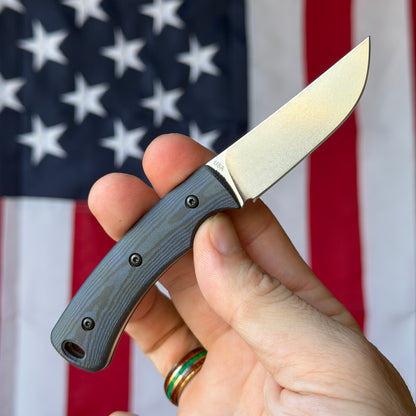 TRM TAGALONG 2.44" Fixed Blade – Black & Blue Richlite, MagnaCut Tumbled, Leather Taco Sheath – Made in USA