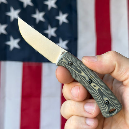 TRM TAGALONG 2.44" Fixed Blade – Black & Maple Richlite, MagnaCut Tumbled, Leather Taco Sheath – Made in USA