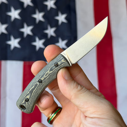 TRM TAGALONG 2.44" Fixed Blade – Black & Maple Richlite, MagnaCut Tumbled, Leather Taco Sheath – Made in USA