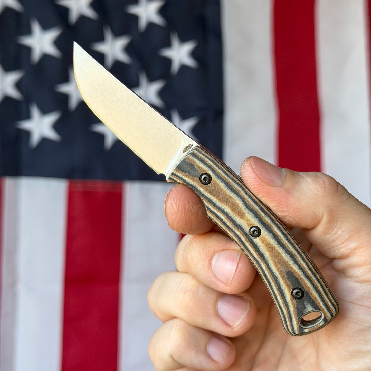 TRM TAGALONG 2.44" Fixed Blade – Black, Brown & Maple Richlite, MagnaCut Tumbled, Leather Taco Sheath – Made in USA