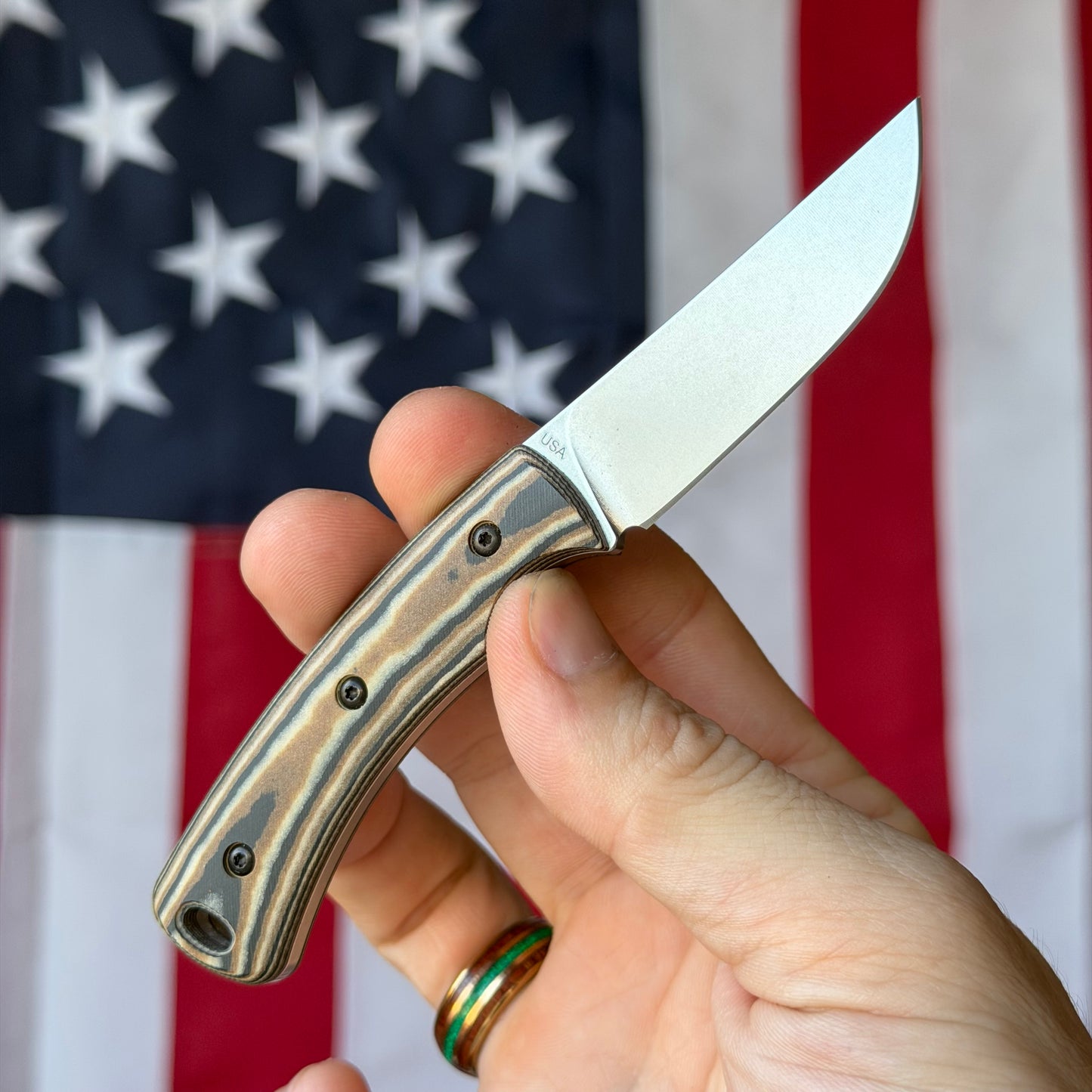 TRM TAGALONG 2.44" Fixed Blade – Black, Brown & Maple Richlite, MagnaCut Tumbled, Leather Taco Sheath – Made in USA