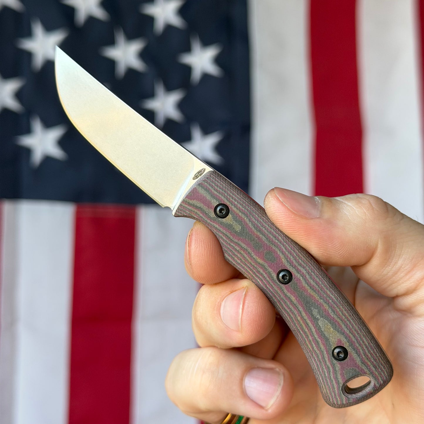 TRM TAGALONG 2.44" Fixed Blade – Chocolate Brown & Red Richlite, MagnaCut Tumbled, Leather Taco Sheath – Made in USA