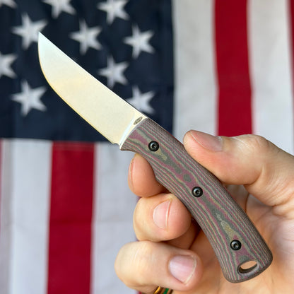 TRM TAGALONG 2.44" Fixed Blade – Chocolate Brown & Red Richlite, MagnaCut Tumbled, Leather Taco Sheath – Made in USA