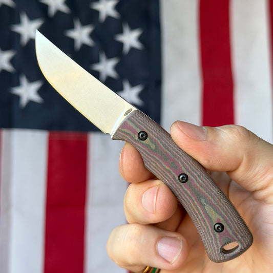TRM TAGALONG 2.44" Fixed Blade – Chocolate Brown & Red Richlite, MagnaCut Tumbled, Leather Taco Sheath – Made in USA