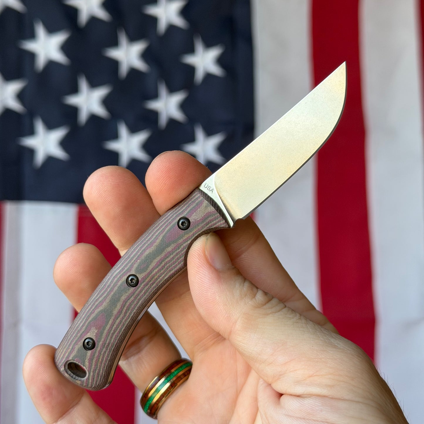 TRM TAGALONG 2.44" Fixed Blade – Chocolate Brown & Red Richlite, MagnaCut Tumbled, Leather Taco Sheath – Made in USA