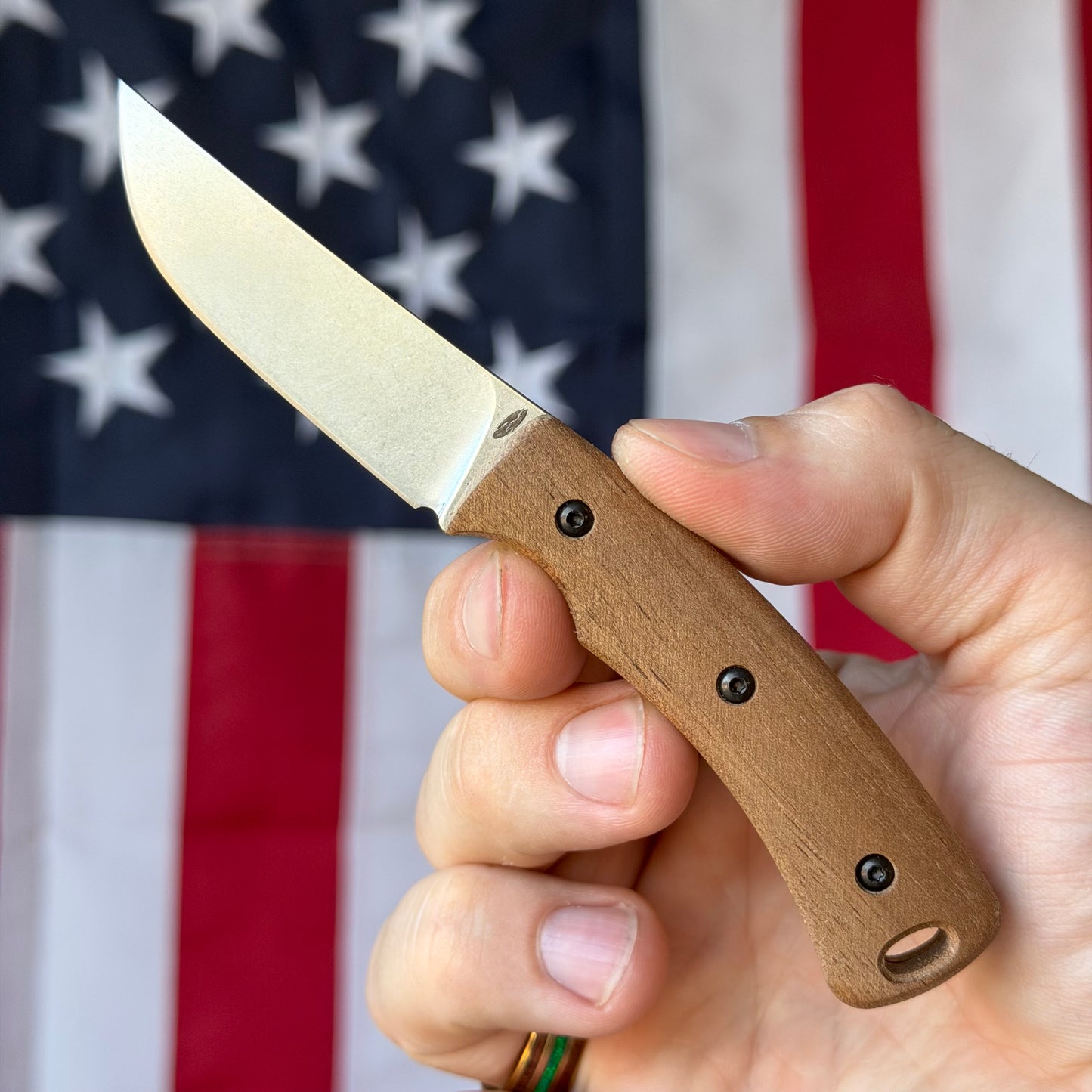 TRM TAGALONG 2.44" Fixed Blade – Natural Walnut Wood, MagnaCut Tumbled, Leather Taco Sheath – Made in USA
