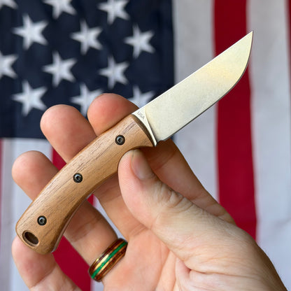 TRM TAGALONG 2.44" Fixed Blade – Natural Walnut Wood, MagnaCut Tumbled, Leather Taco Sheath – Made in USA