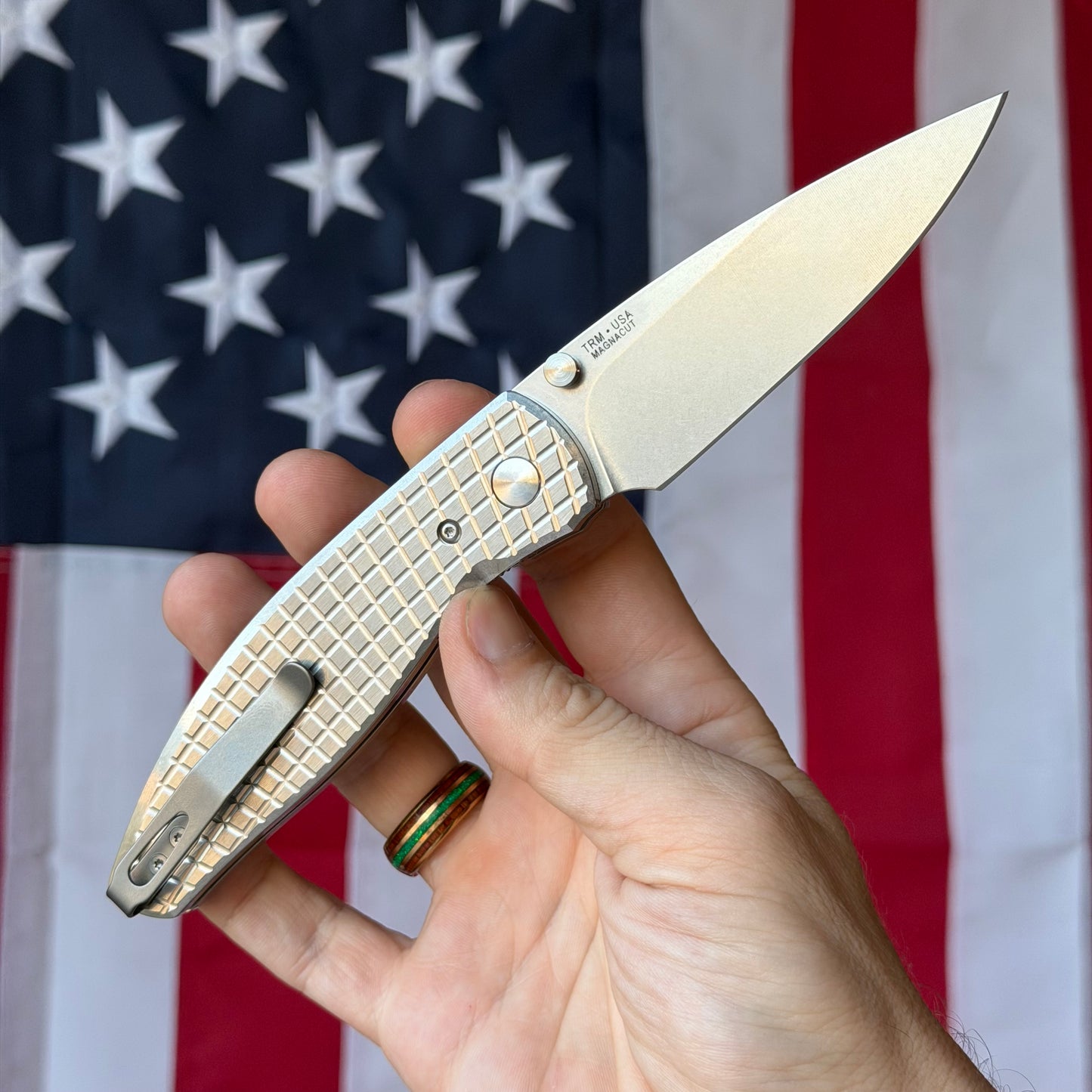 TRM ATOM 3.5" Linerlock – Titanium Frag Flat Scales, MagnaCut Tumbled, Custom Ti Clip – Made in USA