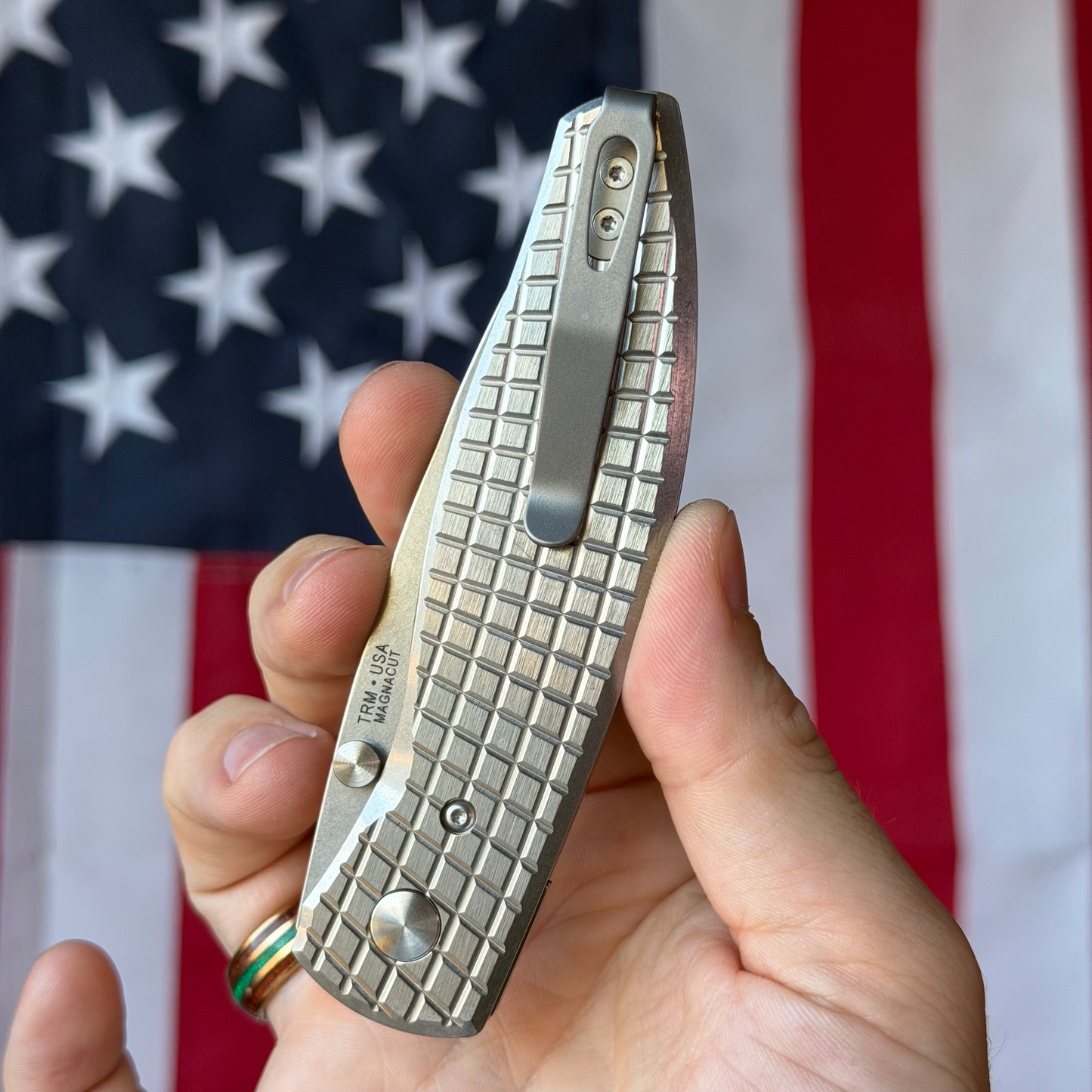 TRM ATOM 3.5" Linerlock – Titanium Frag Flat Scales, MagnaCut Tumbled, Custom Ti Clip – Made in USA