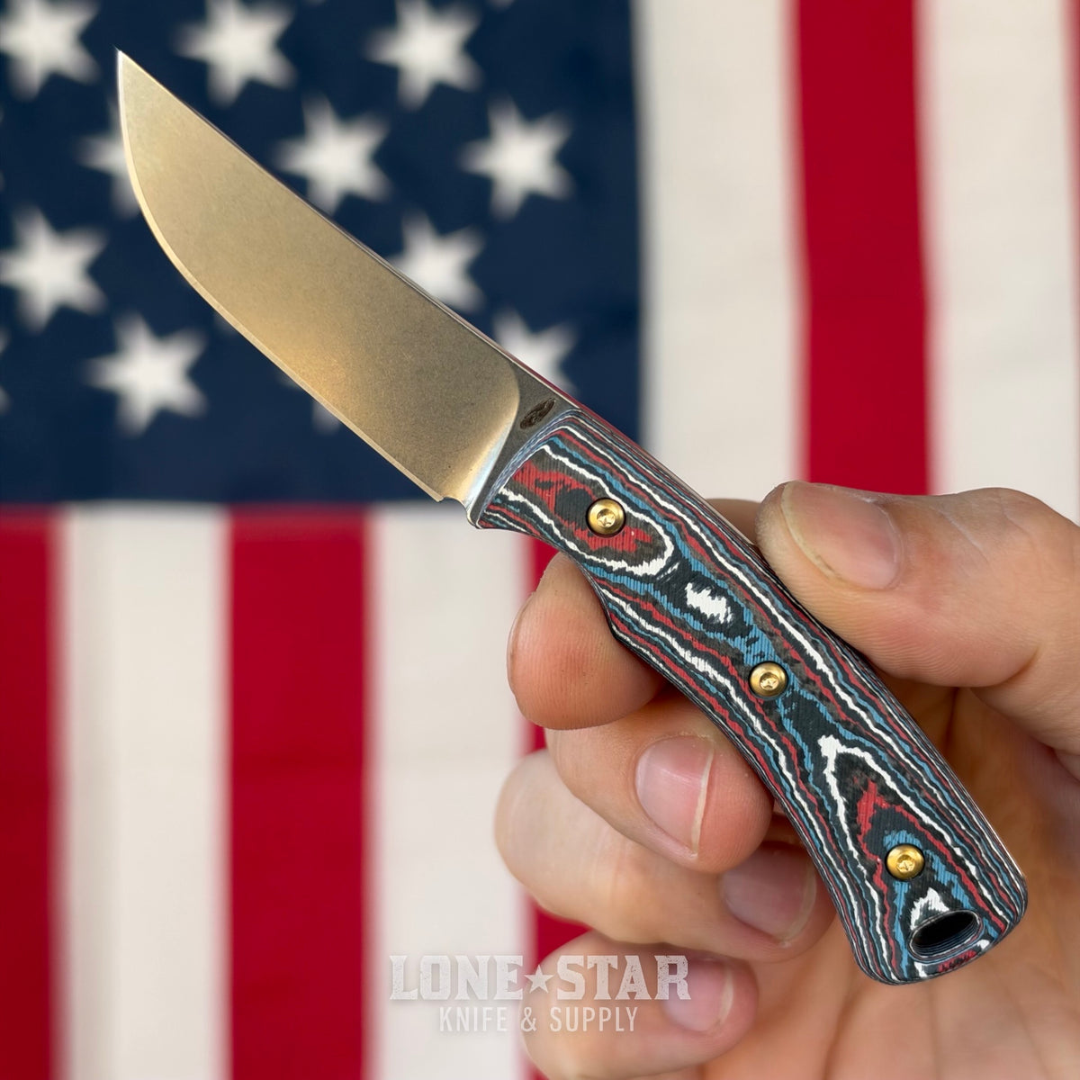 TRM TAGALONG 2.44" Fixed Blade, Star Spangled Camo Carbon, MagnaCut Tumbled, Leather Taco Sheath, Made in USA (DLR-TAG-CC-STARSP)