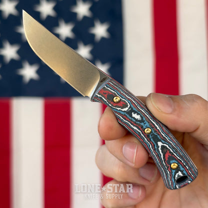 TRM TAGALONG 2.44" Fixed Blade, Star Spangled Camo Carbon, MagnaCut Tumbled, Leather Taco Sheath, Made in USA (DLR-TAG-CC-STARSP)