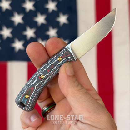 TRM TAGALONG 2.44" Fixed Blade, Star Spangled Camo Carbon, MagnaCut Tumbled, Leather Taco Sheath, Made in USA (DLR-TAG-CC-STARSP)