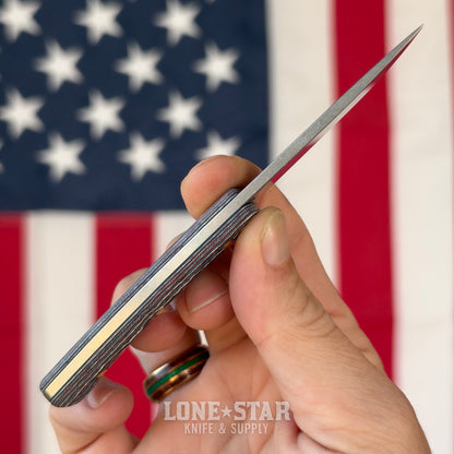 TRM TAGALONG 2.44" Fixed Blade, Star Spangled Camo Carbon, MagnaCut Tumbled, Leather Taco Sheath, Made in USA (DLR-TAG-CC-STARSP)