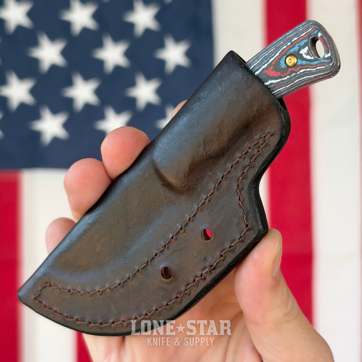 TRM TAGALONG 2.44" Fixed Blade, Star Spangled Camo Carbon, MagnaCut Tumbled, Leather Taco Sheath, Made in USA (DLR-TAG-CC-STARSP)