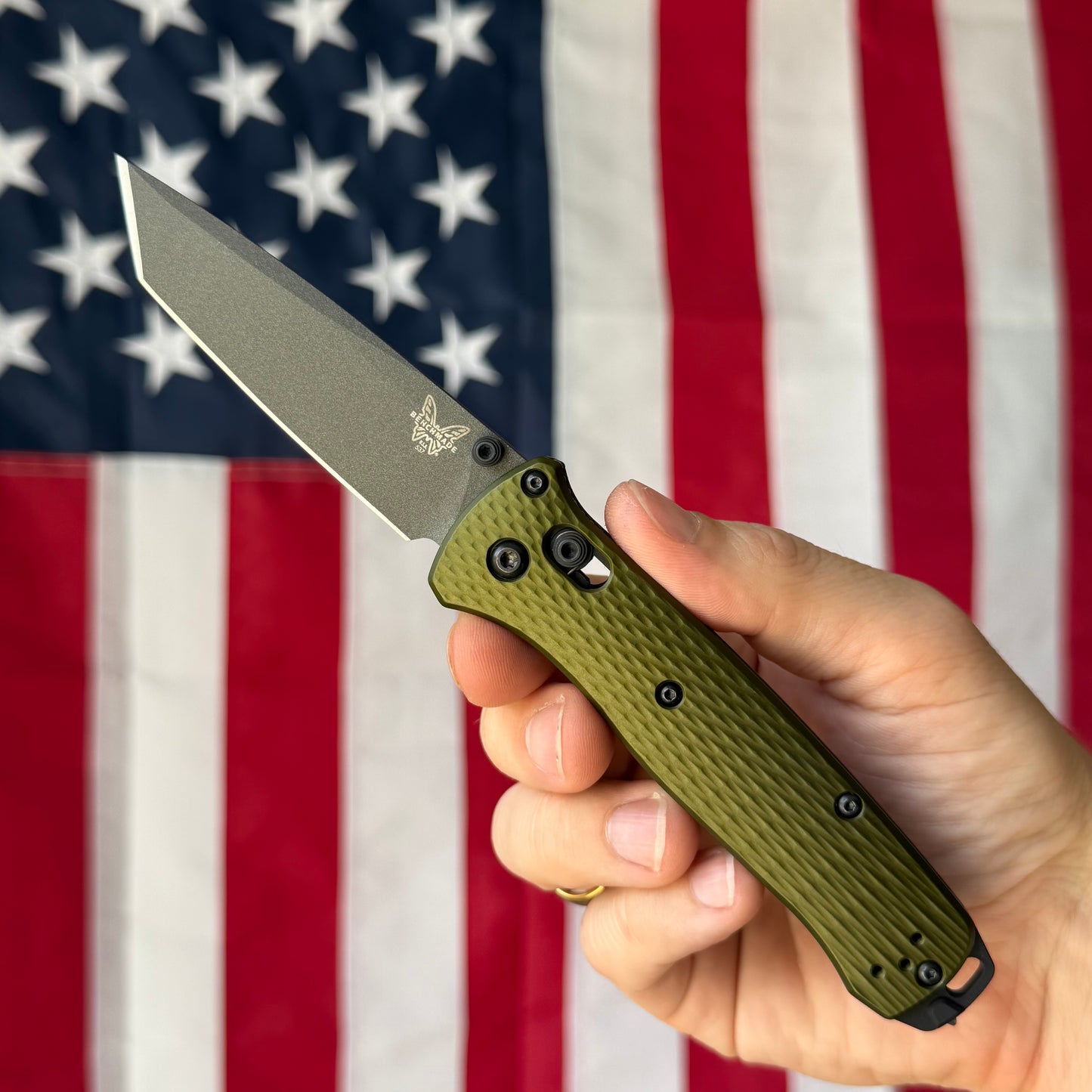The Back Door: Used – Benchmade Bailout 537GY-1 3.38" AXIS Lock – Woodland Green Aluminum, CPM-M4 Gray Tanto, No Box – Made in USA