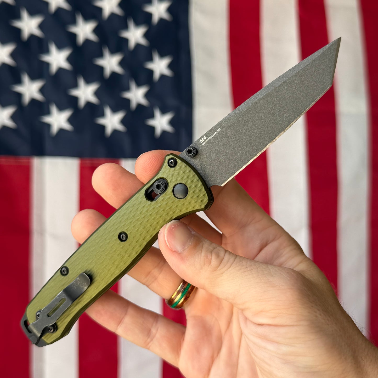 The Back Door: Used – Benchmade Bailout 537GY-1 3.38" AXIS Lock – Woodland Green Aluminum, CPM-M4 Gray Tanto, No Box – Made in USA