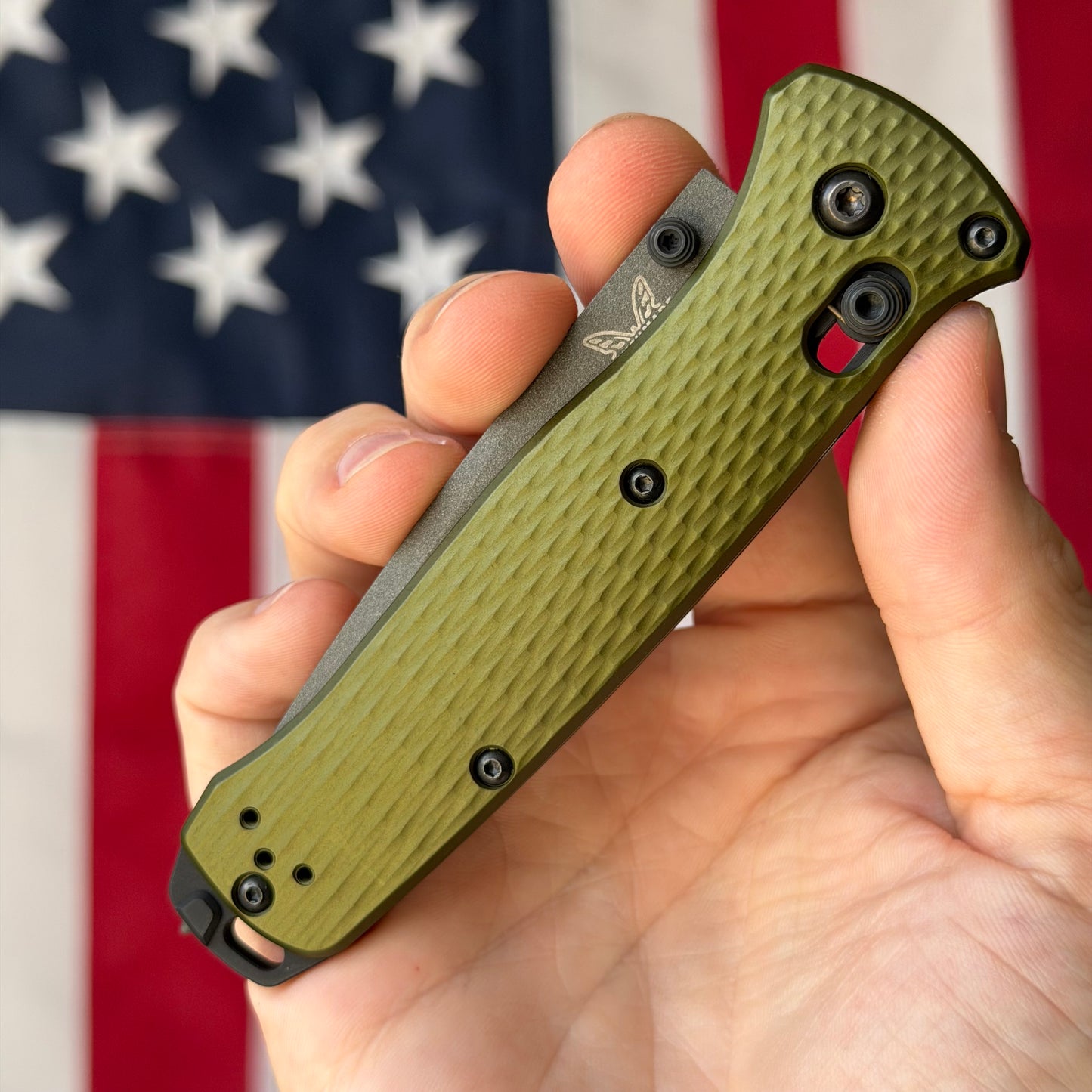 The Back Door: Used – Benchmade Bailout 537GY-1 3.38" AXIS Lock – Woodland Green Aluminum, CPM-M4 Gray Tanto, No Box – Made in USA