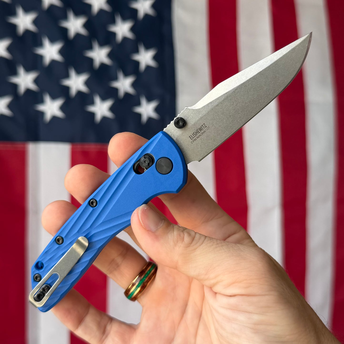 The Back Door: Used – Hogue DEKA 3.25" ABLE Lock – Blue Handle, MagnaCut Stonewash Clip Point – Made in USA