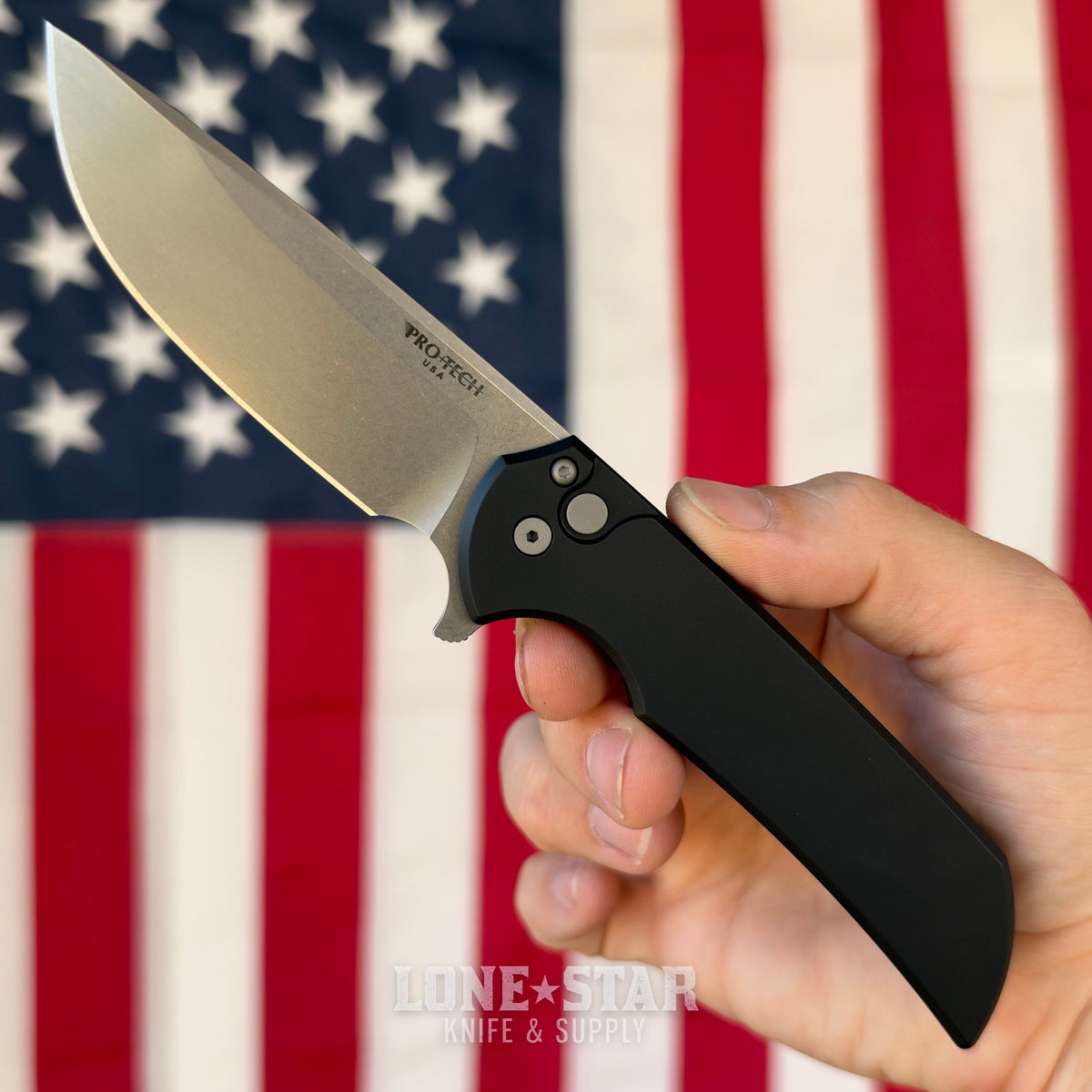 Pro-Tech Mordax Flipper, 3.5" Stonewash MagnaCut, Solid Black Aluminum, Button Lock - Made in USA (MX101)