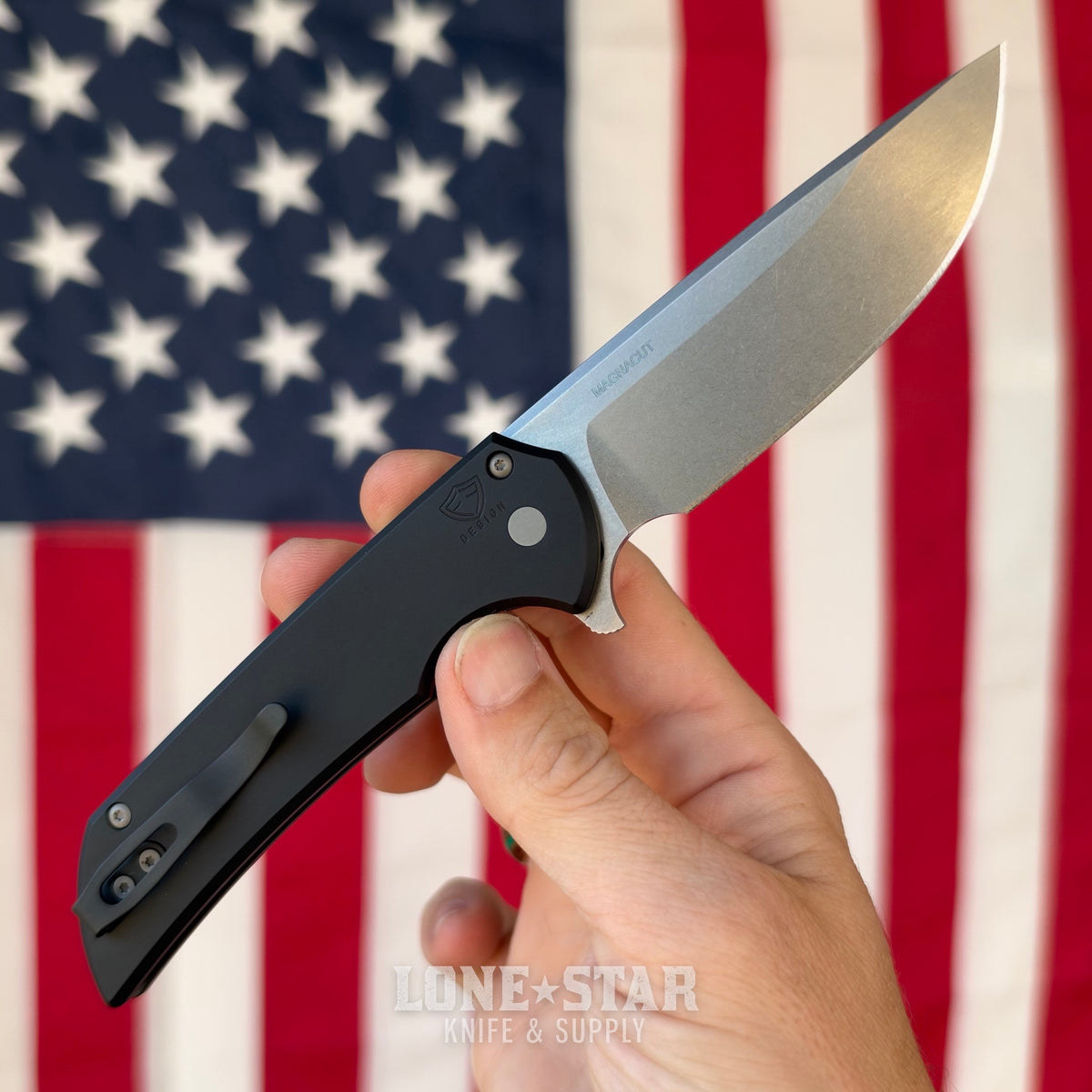 Pro-Tech Mordax Flipper, 3.5" Stonewash MagnaCut, Solid Black Aluminum, Button Lock - Made in USA (MX101)