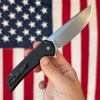 Pro-Tech Mordax Flipper, 3.5" Stonewash MagnaCut, Solid Black Aluminum, Button Lock - Made in USA (MX101)