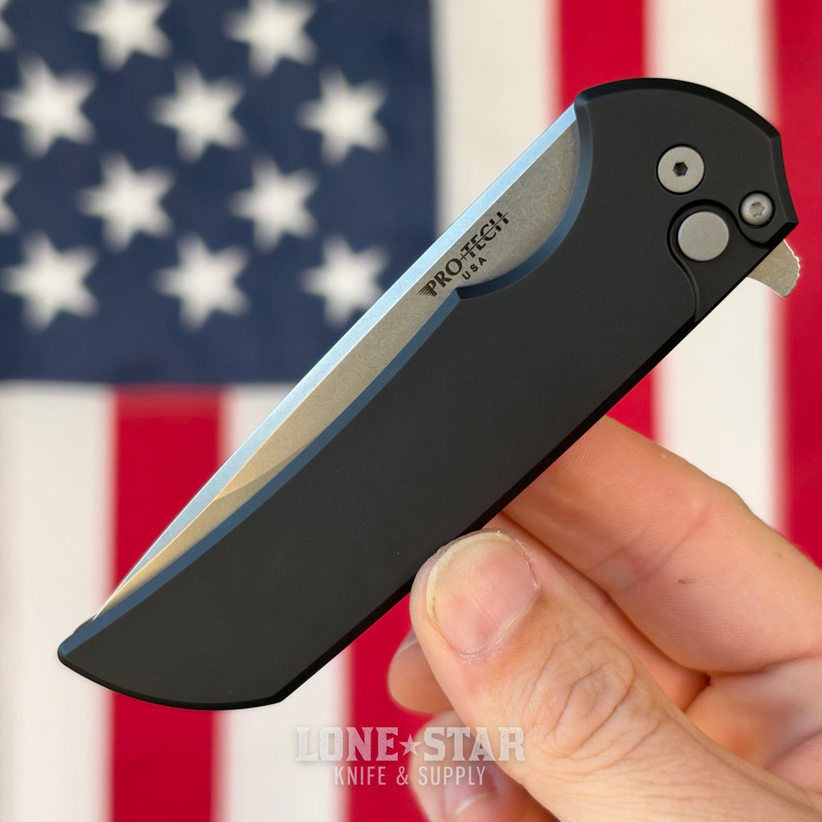 Pro-Tech Mordax Flipper, 3.5" Stonewash MagnaCut, Solid Black Aluminum, Button Lock - Made in USA (MX101)