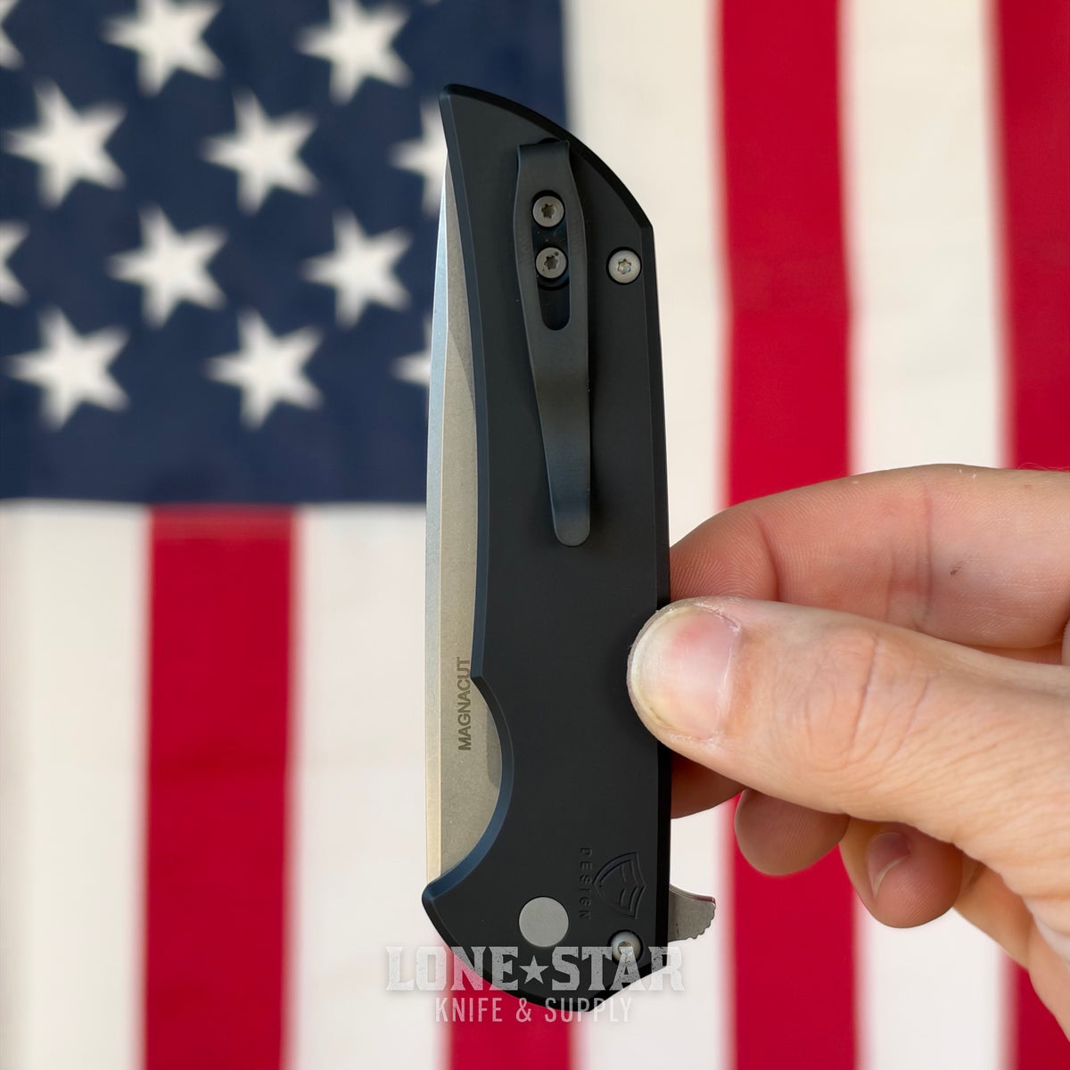 Pro-Tech Mordax Flipper, 3.5" Stonewash MagnaCut, Solid Black Aluminum, Button Lock - Made in USA (MX101)