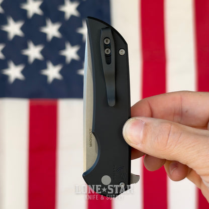 Pro-Tech Mordax Flipper, 3.5" Stonewash MagnaCut, Solid Black Aluminum, Button Lock - Made in USA (MX101)